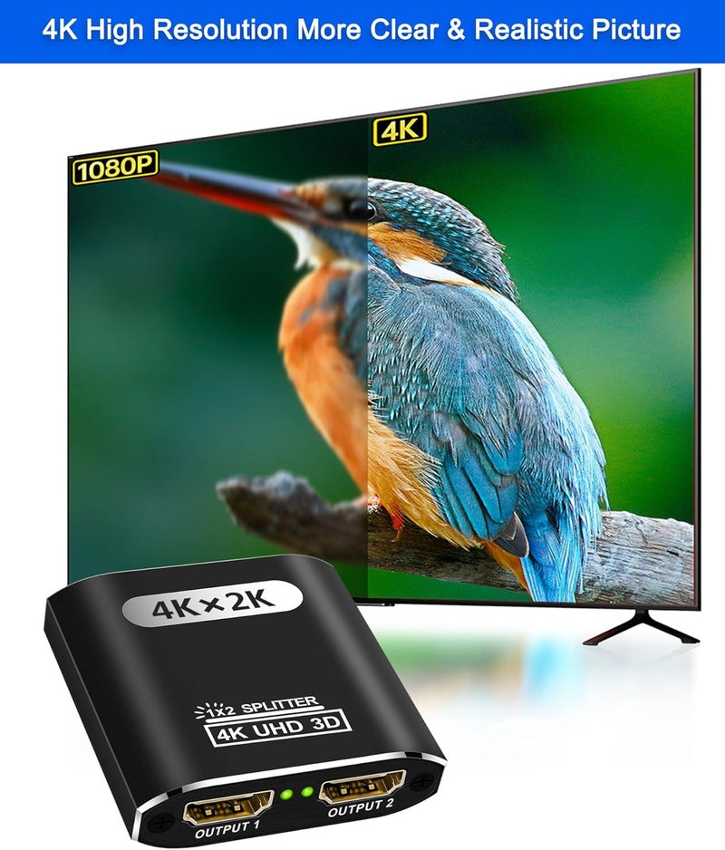 Closs HDMI Splitter 1 in 2 Out, 4K HDMI Splitter for Dual Monitors Supports 3D Full HD 1080P Aluminum Dual Monitor Compatible for PS4 Fire Stick HDTV(1 Source to 2 Displays) - Image 5